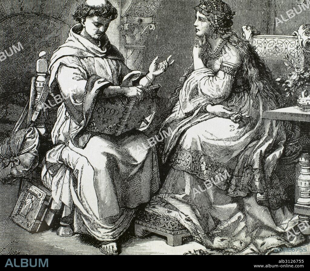 HISTORIA DE LA EDAD MEDIA. MONJE IMPARTIENDO CLASES DE EDUCACION RELIGIOSA A UNA JOVEN DAMA. Grabado del siglo XIX.