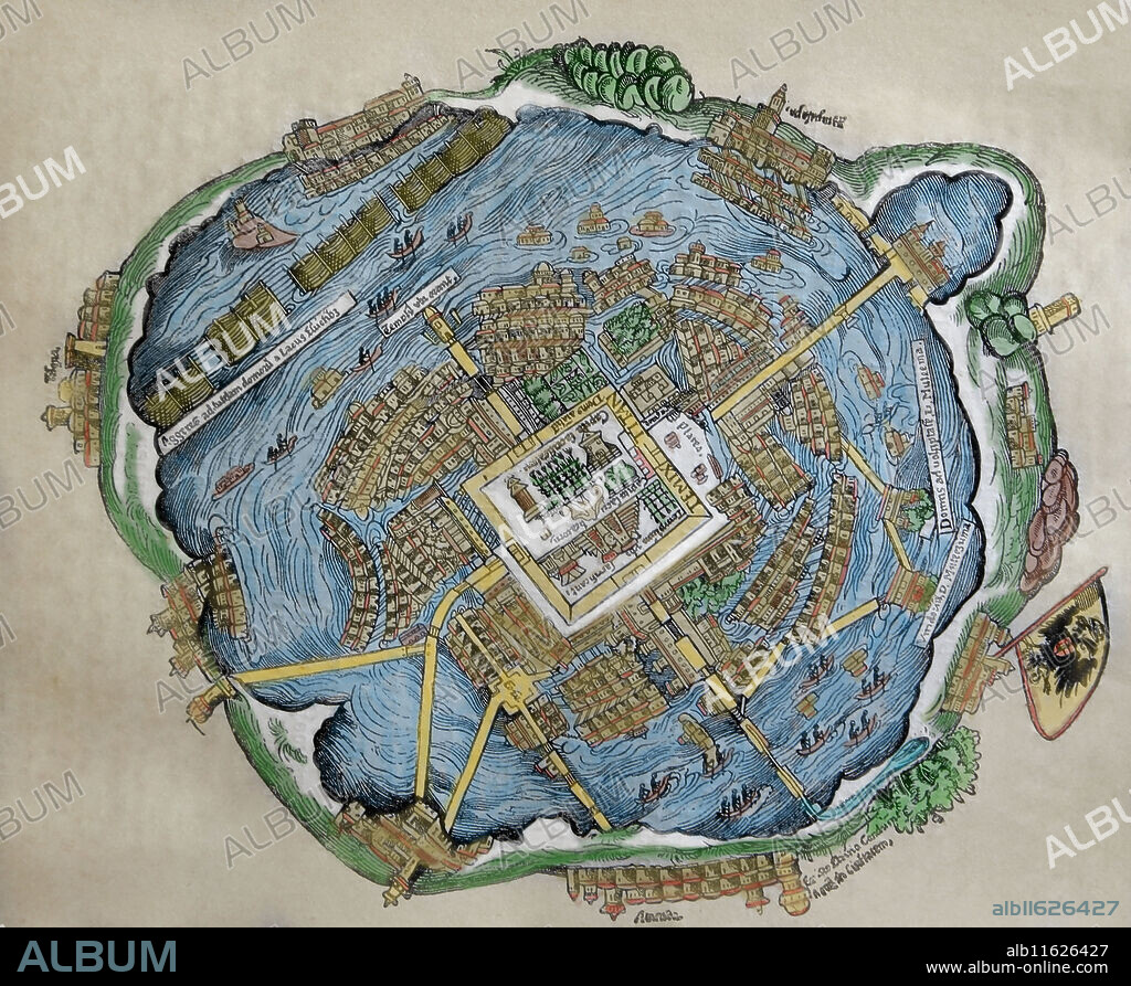 Map of the Aztec Capital. Tenochtitlan. Hernan Cortes' s letters, Nuremberg, 1524. Color.