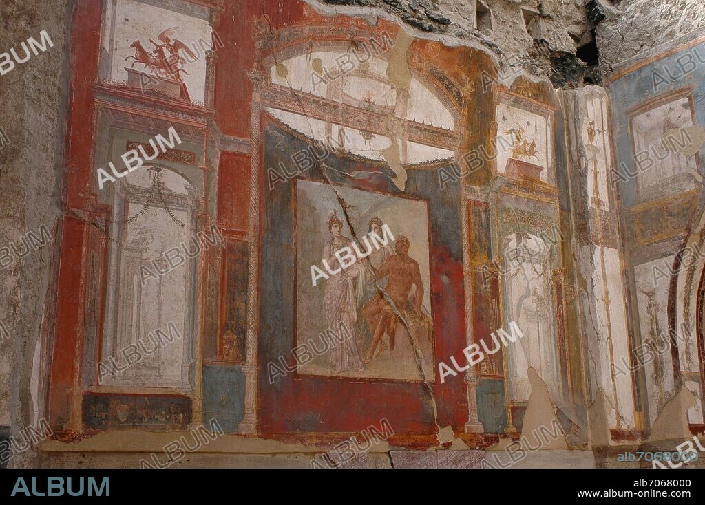 HERCULES MINERVA Y JUNO - FRESCOS DEL CUARTO ESTILO DE LA CELLA DE LA SEDE DE LOS SACERDOTES AUGUSTALES O ESCUELA AUGUSTANA - SIGLO I.