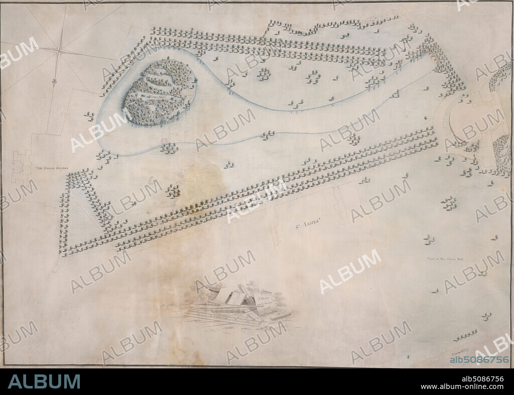 St. James's Park, London: Plan, Lancelot ('Capability') Brown, 17161783, British, 1770, Pen and black and brown ink, watercolor on moderately thick, smooth, cream vellum, Sheet: 19 1/2 x 27 1/16 inches (49.5 x 68.7 cm), architectural subject, landscape architecture, parks (recreation areas), plans (drawings), London, St. James's Park.