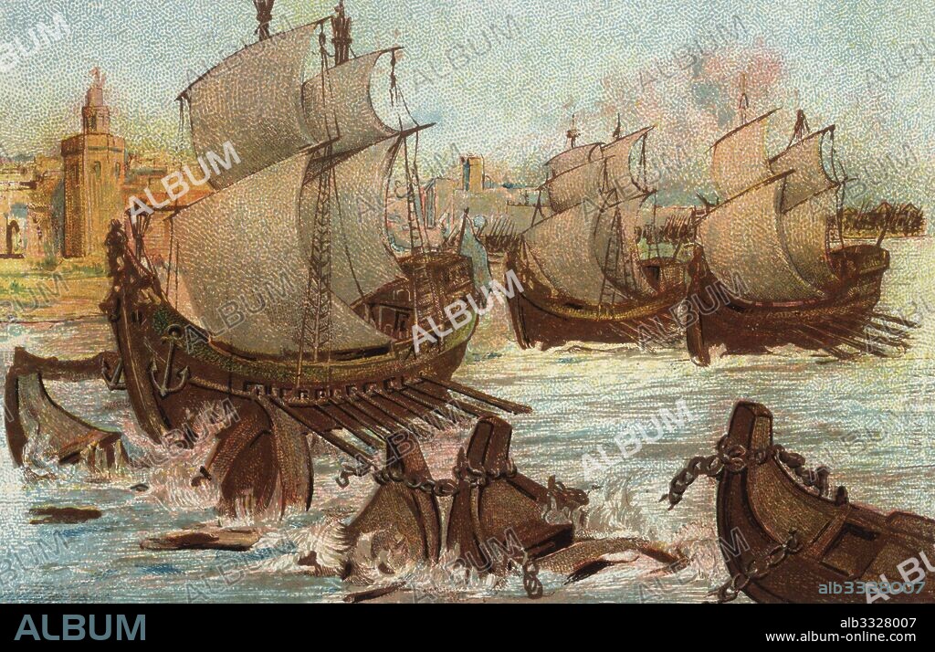 Historia de España. La flota cristiana mandada por Ramón de Bonifaz Camargo (1196-1256) derrota a la flota musulmana del emir Niebla en aguas del río Guadalquivir y conquista Sevilla en 1248 bajo el reinado de Fernando III.