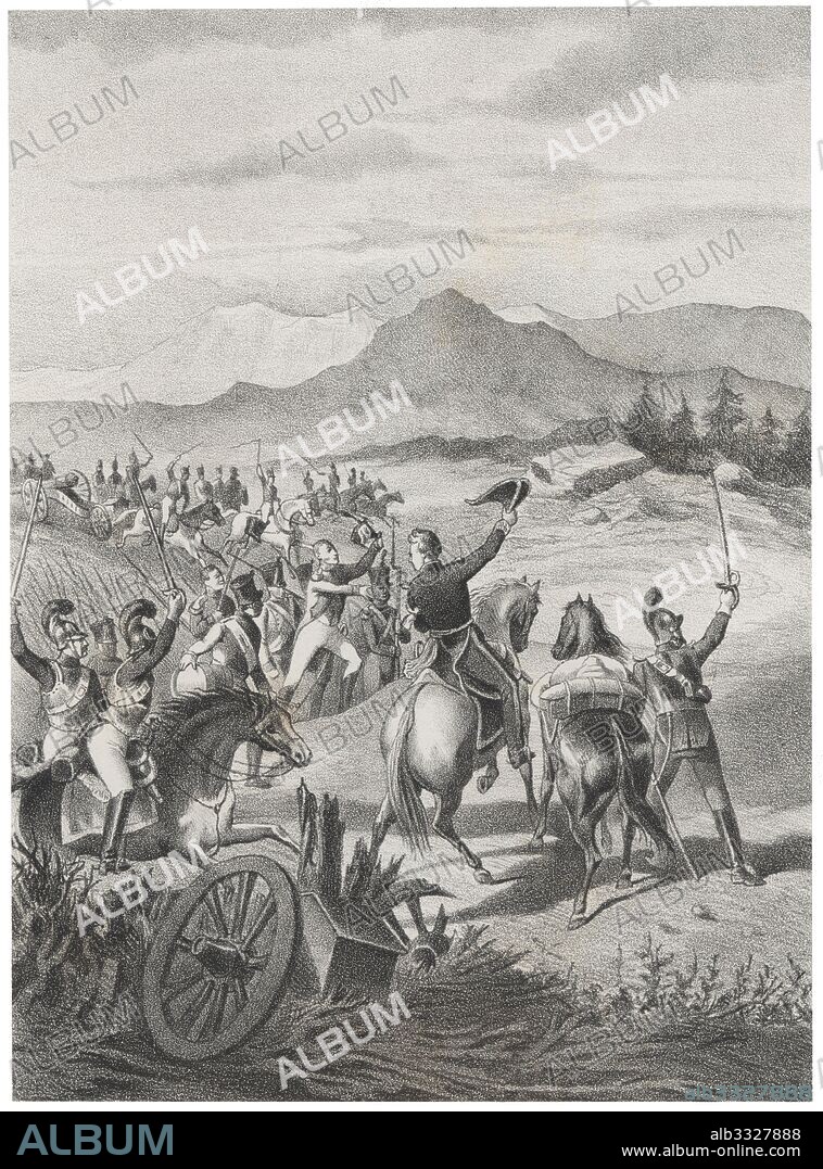 Historia de España. Guerra de la Independencia. Entrada del ejército anglo español en Francia en octubre de 1813 tras conseguir la victoria en la batalla de San Marcial y cruzar el rio Bidasoa. Grabado de 1880.