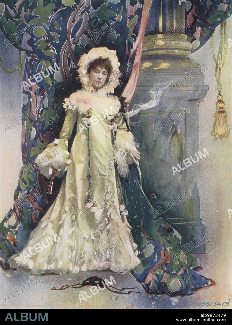 Miss Vane Featherstone as Lady St. Azuline in The Price of Peace, a drama by Cecil Raleigh at the Drury Lane, 1900. Vane Featherstone, English stage actress with Charles Hawtrey's company, 1864-1948. In lemon satin bonnet and dress, with fan and carnival mask. Photograph by Alfred Ellis and Walery (Stanislaw Julian Ignacy). Colour printing of a hand-coloured illustration based on a monochrome photograph from George Newness Players of the Day, London, 1905.
