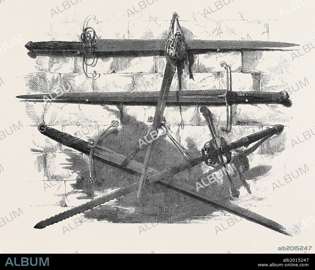 SWORDS OF SCOTTISH HEROES EXHIBITED AT THE LAYING OF THE FOUNDATION STONE OF THE WALLACE MONUMENT AT STIRLING; 1. SIR WILLIAM WALLACE'S, 2. KING ROBERT BRUCE'S, 3. SIR JOHN DE GRAEME'S, 4. SIR RICHARD LUNDIN'S, 5. THE BLACK DOUGLAS'S.