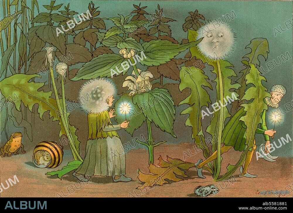 Literatur / Bilderbuch. "Die Diebe". (Löwenzahn und Taubnessel). Farblithographie, 1898, von Ernst Kreidolf (1863-1956). Aus: Blumen-Märchen. Bilder, Texte u. Lithographie von Ernst Kreidolf, 2. Aufl. Köln (Schafstein & Co.) 1903. Berlin, Sammlung Archiv für Kunst und Geschichte.