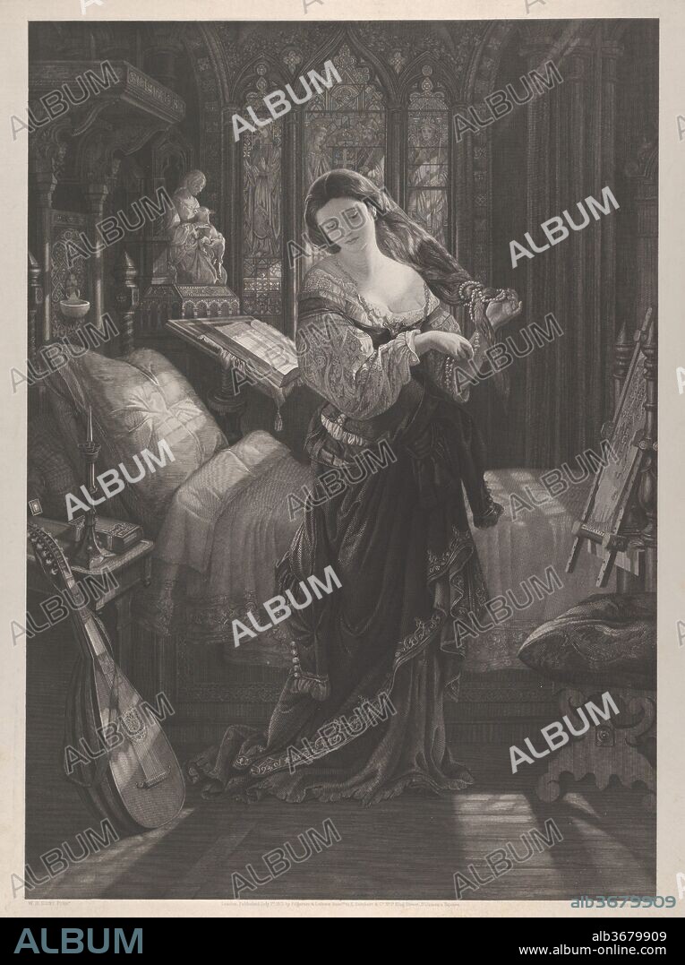 Madeline after Prayer (from John Keats, The Eve of St. Agnes, stanza XIX, lines 4-5). Artist: After Daniel Maclise (Irish, Cork 1806-1870 London). Dimensions: Image: 24 3/16 × 17 3/8 in. (61.5 × 44.1 cm)
Sheet: 28 3/16 × 20 7/8 in. (71.6 × 53 cm). Engraver: Auguste-Thomas-Marie Blanchard (French, Paris 1819-1898 Paris). Publisher: Pilgeram & Lefèvre (London). Date: July 1, 1871.
An accomplished painter of history and drama, Maclise came close to the Pre-Raphaelites late in his career, when he painted Madeline after Prayer (1868; Guildhall Art Gallery, London), inspired by John Keats's The Eve of St. Agnes. Madeline is preparing for bed, hoping to dream of a future husband. Blanchard's etching contrasts the maiden's moonlit beauty with the deeply shadowed room. The poem tells us that she is 
watched by a hidden suitor: 
Porphyro grew faint: 
She knelt, so pure a thing, so free from mortal 
taint. 
Anon, his heart revives: her vespers done, 
Of all its wreathed pearls her hair she frees; 
Unclasps her warmed jewels one by one; 
Loosens her fragrant bodice; by degrees 
Her rich attire creeps rustling to her knees. . . .
The detailed setting and our proximity to the main figure distinguish the conception from John Everett Millais's 1863 version of the subject.