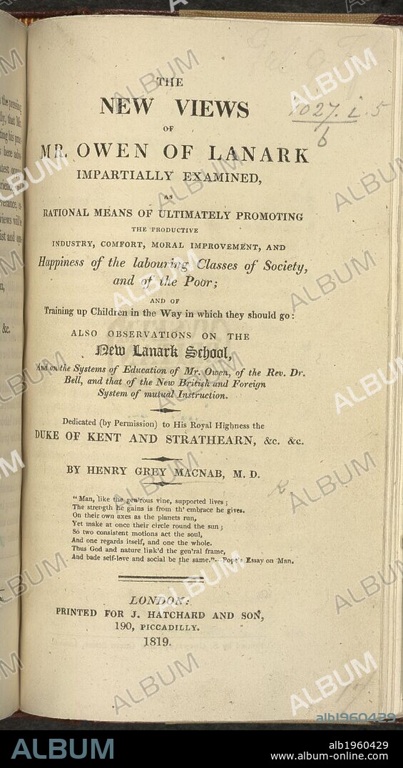 HENRY GRAY MACNAB. Title page of 'The new views of Mr. Owen of Lanark impartially examined'. The new views of Mr. Owen of Lanark impartially examined. Also observations on the New Lanark School, and on the systems of education of Mr. Owen, of the Rev. Dr. Bell, and that of the New British and Foreign System of mutual instruction. London, 1819. Source: 1027.i.5.(6), title page. Language: English.