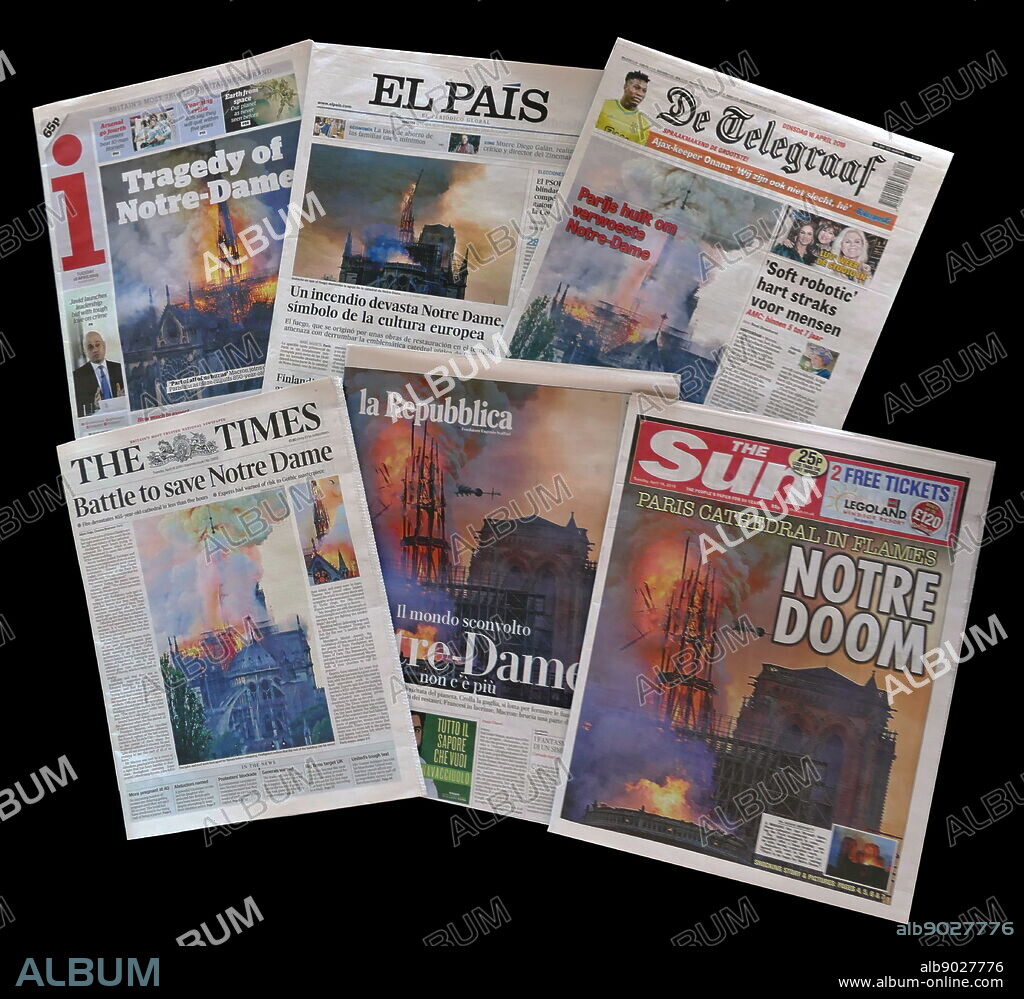 Comparitive newspaper front pages accross Europe (UK, Spain, Italy, Netherlands), showing the impact of the fire which damaged Notre Dame Cathedral the morning after the fire was extinguished. Fire crews inspect the Bell Towers on the Western side of the cathedral.. On the 15 April 2019, fire broke out beneath the roof of the Cathedral. It was extinguished 15 hours later, however, the building's spire and most of the roof collapsed and some upper walls severely damaged. A large number of works of art and religious objects were removed and taken to safety in the early hours of the conflagration 13th-century rose windows, suffered little or no damage. Three people were injured. The cathedral's construction commenced in 1160; It was mostly finished by 1260. Notre-Dame suffered desecration during the French Revolution. In the 19th century, the cathedral was chosen as the site of the coronation of Napoleon I. It was also used on many state occasions such as the funerals of several presidents of the Third French Republic. In 1970 it was the site of the funeral service of Charles De Gaulle.