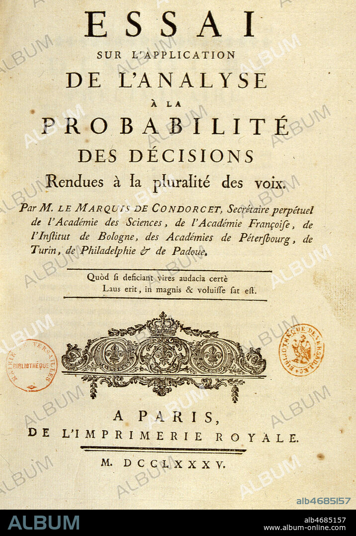 Page de titre de l'ouvrage de CONDORCET (1743-1794) 'Essai sur l'application de l'analyse', edition de 1785 (18e, 18eme, XVIIIe s.). Credit : JEAN VIGNE / KHARBINE-TAPABOR.