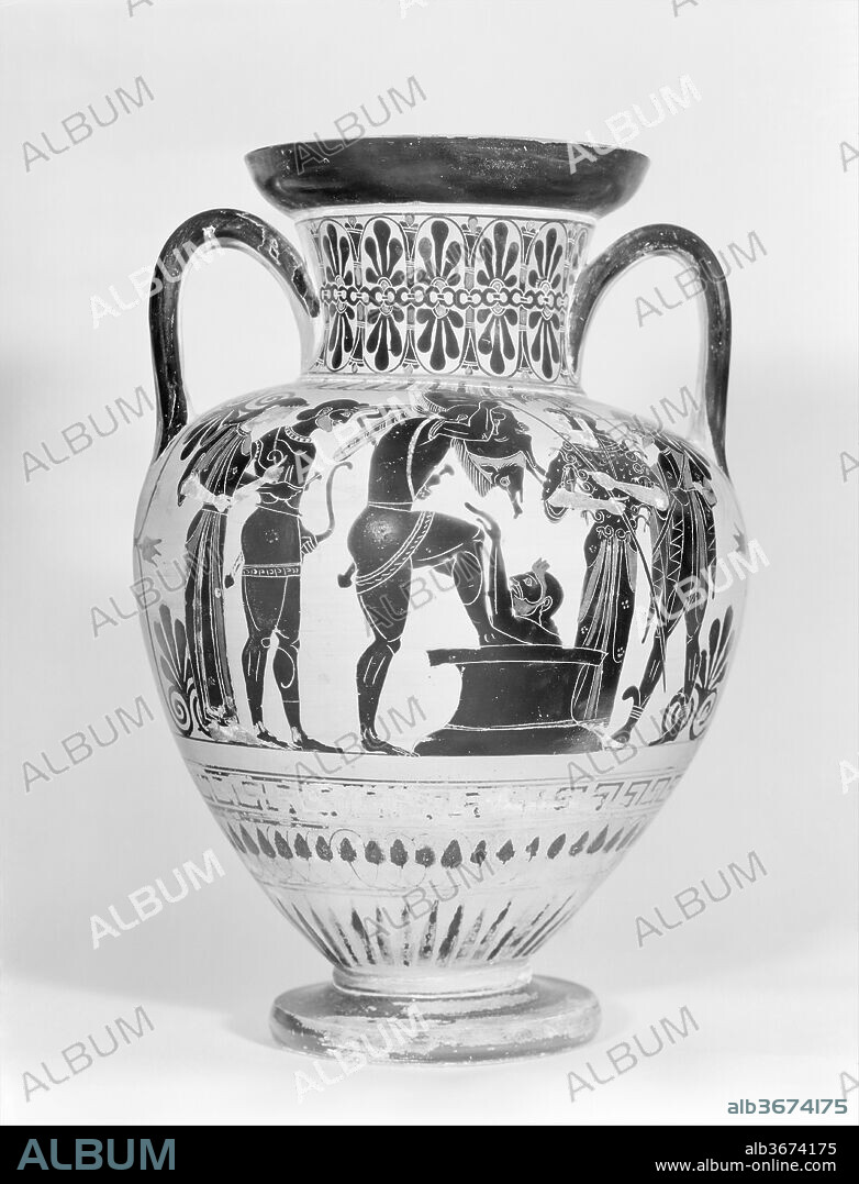 Terracotta neck-amphora (jar). Culture: Greek, Attic. Dimensions: H. 14 5/16 in. (36.3 cm)
diameter of mouth  6 9/16 in. (16.7 cm)
diameter of foot  5 3/8 in. (13.7 cm). Date: ca. 520 B.C..
Obverse, Herakles bringing the Erymanthian Boar to King Eurystheus
Reverse, Ajax carrying the body of Achilles
The Greek hero Achilles was killed at Troy by an arrow that pierced his heel, the only vulnerable spot on his body. Though shot by Paris, the arrow was guided to its mark by Apollo. After Achilles fell, a fierce conflict erupted for possession of his body. While Odysseus kept the Trojans at bay, Ajax carried the corpse back to the Greek encampment. Depictions of Ajax bearing his fully armed comrade always emphasize Achilles' weight. One can assume that a warrior's equipment weighed almost as much as he did.