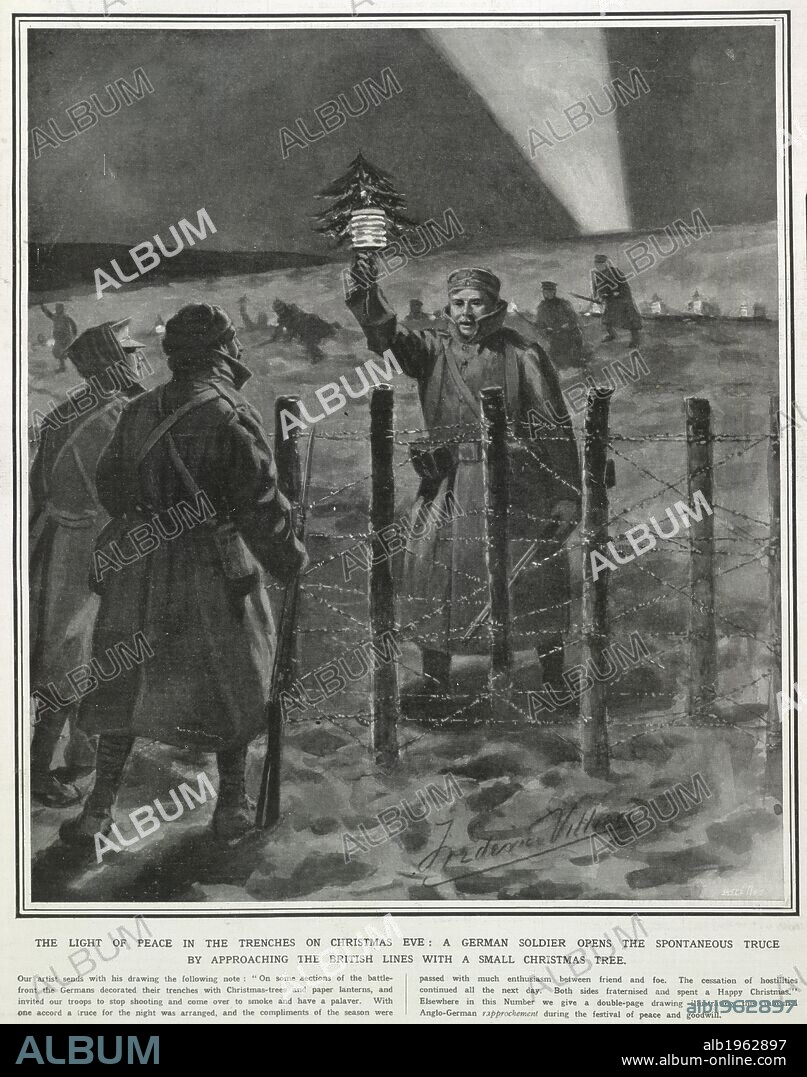 'The light of peace in the trenches on Christmas Eve: A German soldier opens the spontaneous truce by approaching the British lines with a small Christmas tree'. Newspaper report of an event during the First World War. 09/01/1915. Source: Illustrated London News, page 1. Language: English.