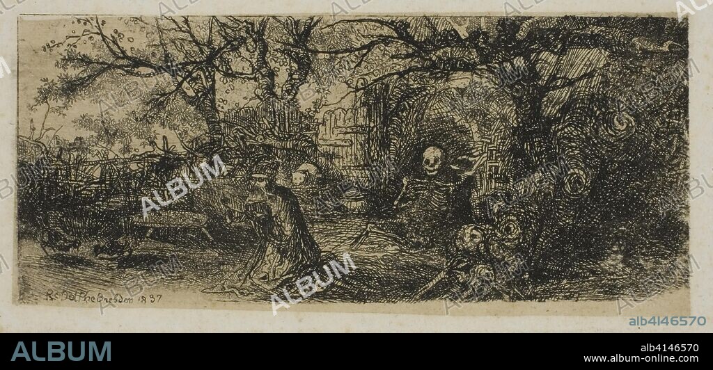 St. Anthony and Death. Rodolphe Bresdin; French, 1825-1885. Date: 1837. Dimensions: 97 × 42 mm (image); 105 × 50 mm (sheet). Etching on cream China paper laid down on white wove paper. Origin: France.