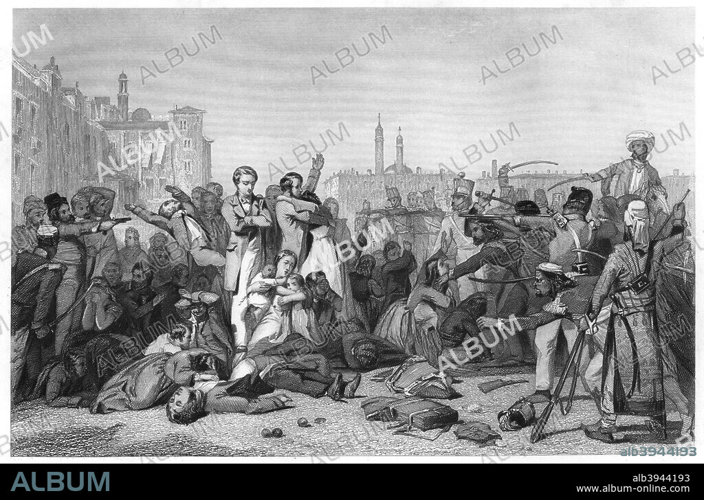 'Massacre at Cawnpore', 1857, (c1860). Massacre of British civilians in what is now known as Kanpur, India. Illustration from The History of the Indian Mutiny, by Charles Ball, Volume I, The London Printing & Publishing Company, (c1860).