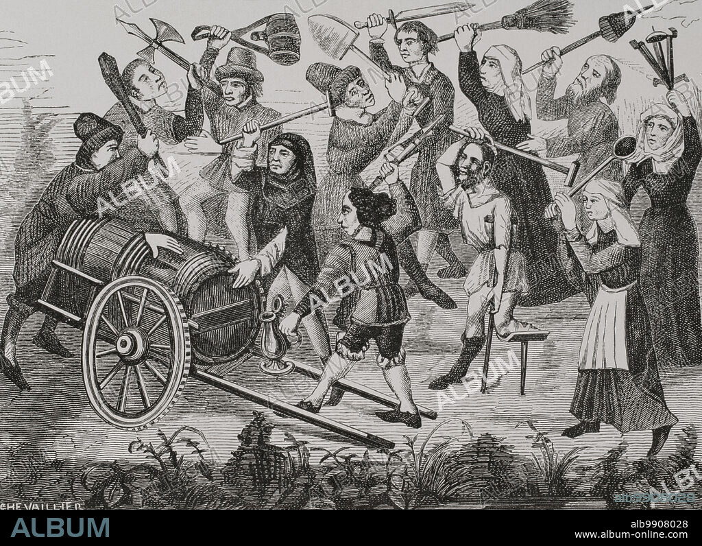 Batalla entre mendigos y campesinos por un barril de vino. Grabado a partir de una miniatura del libro del "Roi Modus" (Rey Modus), capítulo con el encabezamiento "Comment les vices se combattirent les uns aux autres pour les vivres", manuscrito del siglo XV. Sciences & Lettres au Moyen Age et à l'époque de la Renaissance. París, 1877.