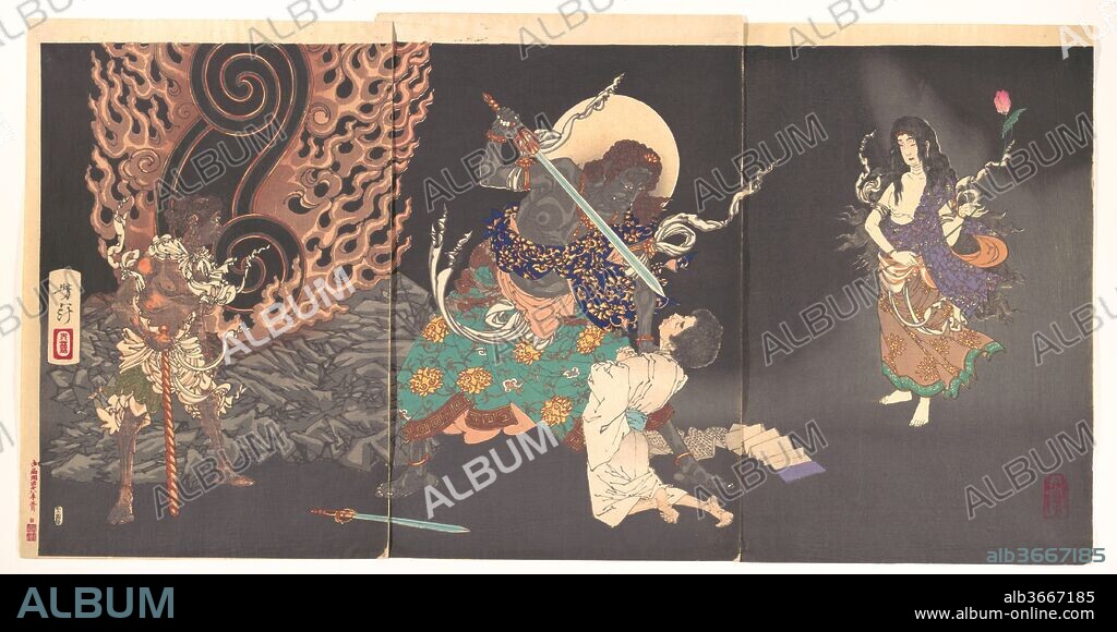 Fudo Myoo Threatening a Novice. Artist: Tsukioka Yoshitoshi (Japanese, 1839-1892). Culture: Japan. Dimensions: Overall (a): 14 3/4 x 10 in. (37.5 x 25.4 cm)
Overall (b): 14 5/8 x 10 in. (37.1 x 25.4 cm)
Overall (c): 14 15/16 x 10 1/16 in. (37.9 x 25.6 cm). Date: 1885.
A legend about Abbot Yuten (1637-1718) of Zojoji Temple tells how, as a novice, he prayed for Fudo Myoo's aid to become a wise monk. He then dreamed that the statue of Fudo leaped down from its pedestal and made him swallow one of his swords; upon waking, he became an excellent cleric. In this scene, Fudo aims his sword at Yuten while the deity's attendants witness his magical power. 
Tsukioka Yoshitoshi was one of the great innovators of Meiji ukiyo-e; here, his triptych features an airy, theatrical type of composition associated with his late style, with a hint of the violence that characterized many of his earlier works.