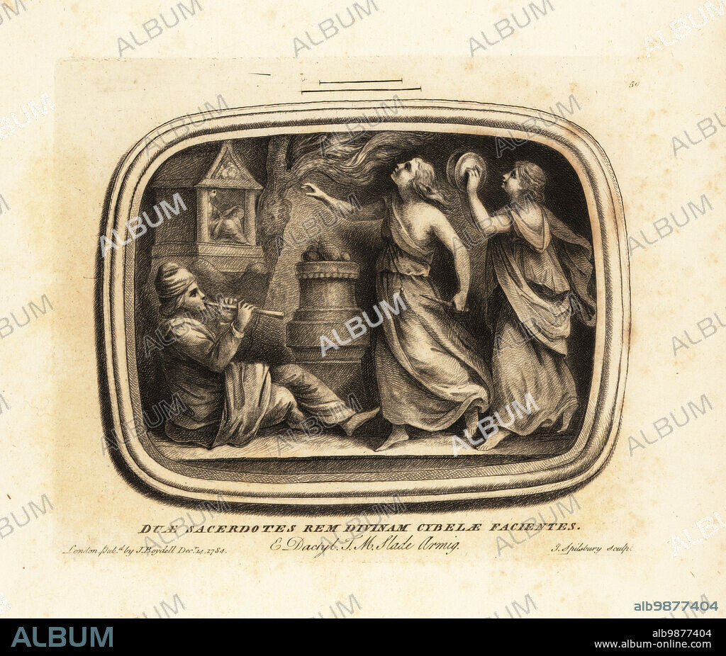 Two priestesses making an offering at an altar to Cybele, Anatolian mother goddess. One carries a knife, the other bangs cymbals. A musician plays an aulos. Duae sacerdotes rem divinam Cybelae facientes. Engraved on dactylotheca from the collection of art dealer Thomas Moore Slade. Mezzotint copperplate engraving by John Spilsbury from his Collection of Fifty Prints from Antique Gems, John Boydell, London, 1785.