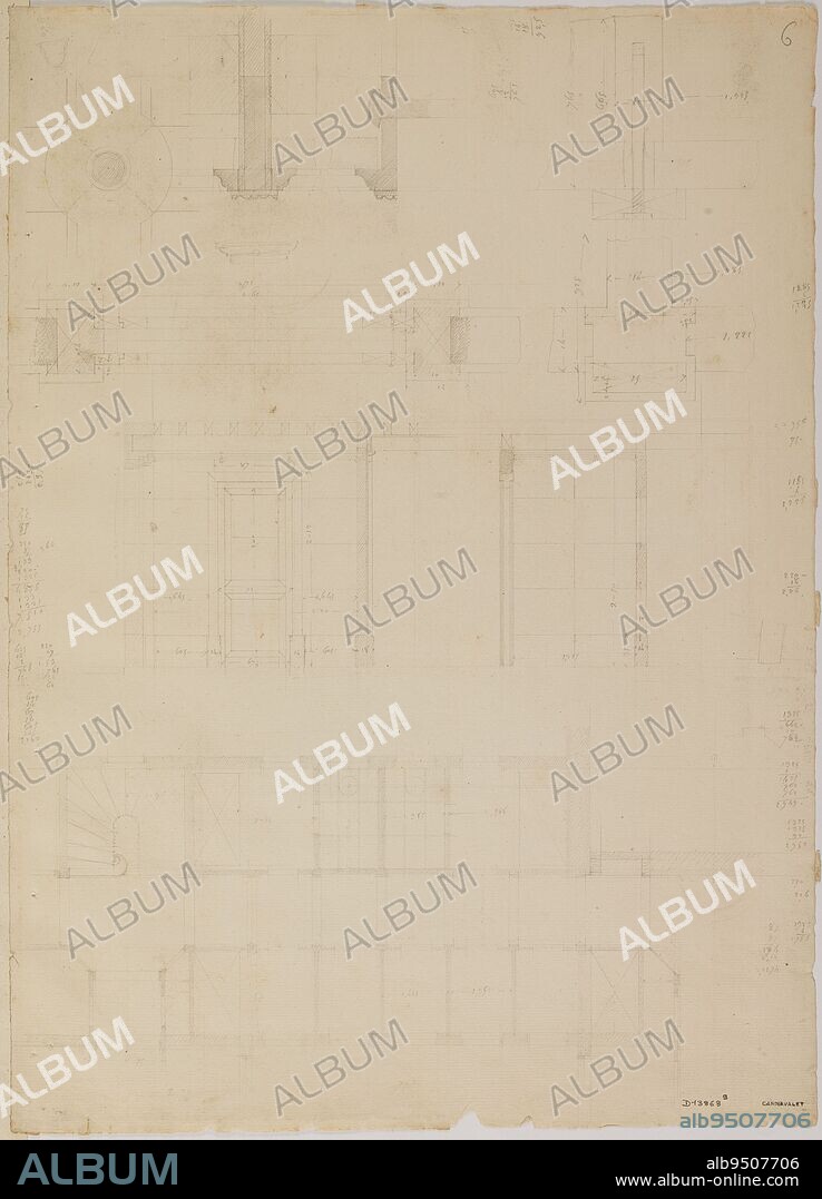 Villa of Mr. Péligot in Enghien: plan, elevation of a door and various studies for the bathroom cabinets, Rohault de Fleury, Charles, Draftsman, Drawing, Graphic arts, Architectural drawing, Plan, section, elevation, Pencil, Height: 48 cm, Width: 34.5 cm.