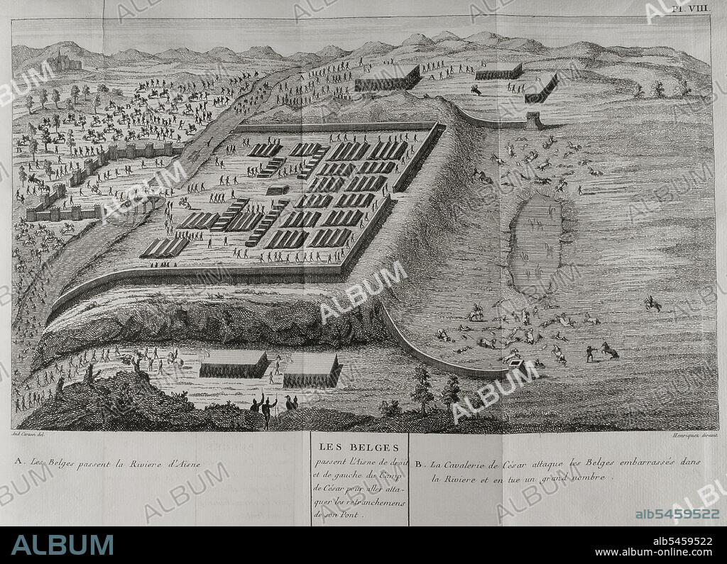 Guerra de las Galias (58 a.C.-50 a.C.). Campaña de César contra los belgas (57 a.C.). Batalla del río Axona o Aisne (57 a.C.). Los belgas atraviesan el río Aisne por la derecha y por la izquierda del campamento de César para atacar los atrincheramientos del puente. La caballería de César ataca a los Belgas en la ribera del río causando muchos muertos. Grabado. "Commentaires de César, avec des notes historiques, critiques et militaires", por el Conde Turpin de Crissé. Tomo I. Obra publicada en Montargis y vendida en París, 1785.