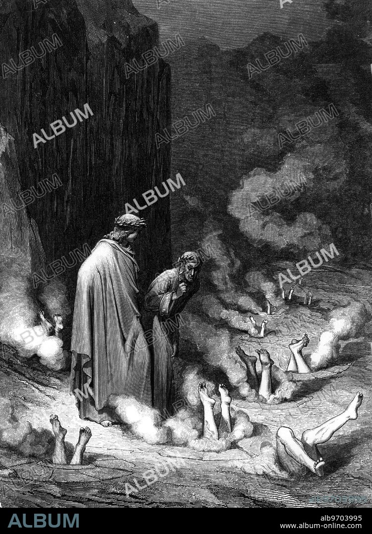 The Divine Comedy written by Dante Alighieri between 1308 and his death in 1321 . Engraving by Gustave Doré - Scene from Dante's Inferno 1861 - 1868.