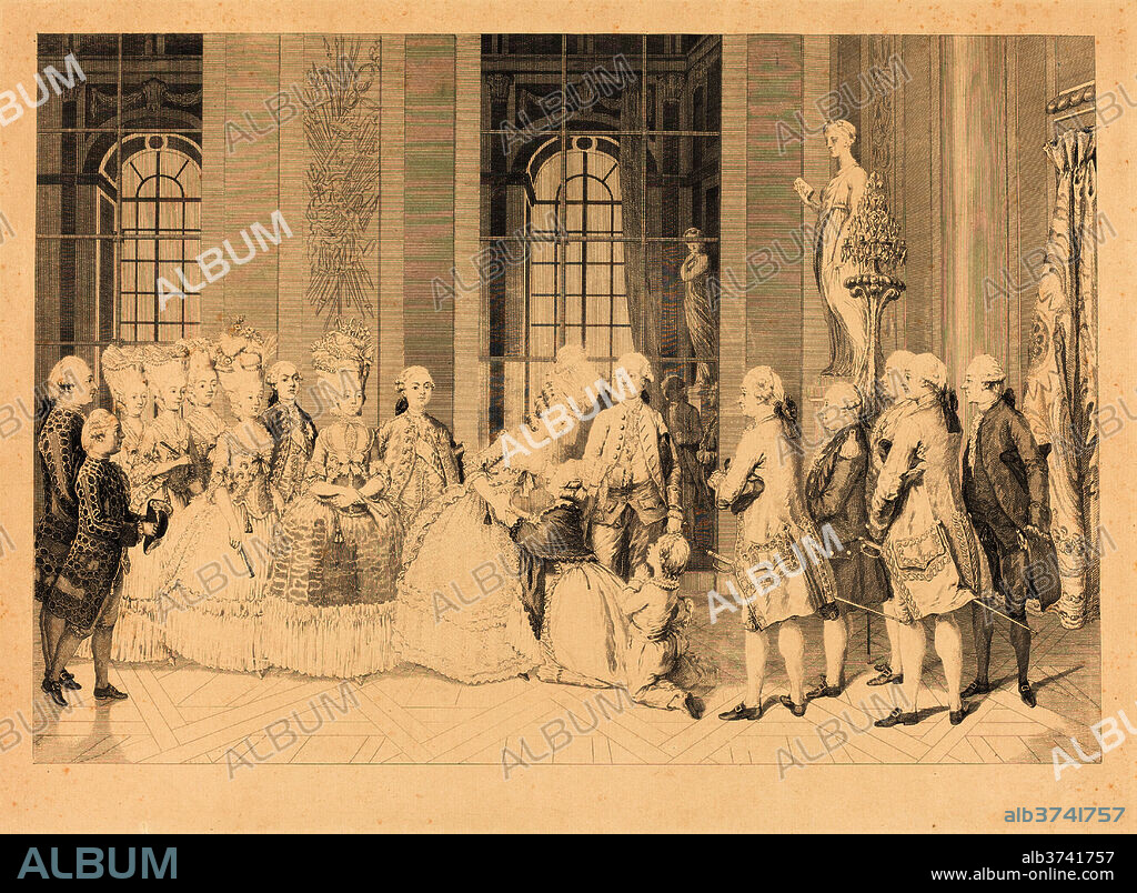 ANTOINE-JEAN DUCLOS AFTER VICOMTE CHARLES HENRI DESFOSSES. Le Reine annoncant a Mmme. de Bellegarde des juges et la liberte de son mari en mai 1. Dated: 1779. Medium: etching.
