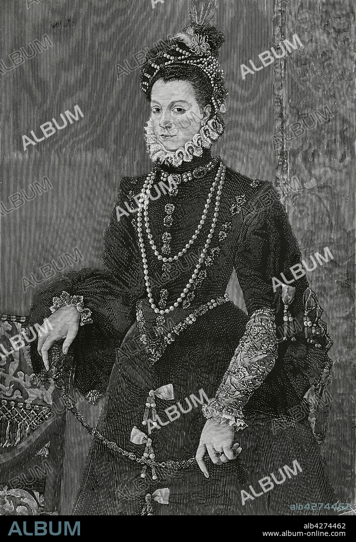 EUGENIO VELA (D.1895). SPANISH ENGRAVER.. Isabel de Valois (1546-1568). Tercera esposa del rey Felipe II de España y reina consorte de España. Grabado por Vela a partir de un cuadro de Juan Pantoja de la Cruz. La Ilustración Española y Americana, 15 de noviembre de 1882.