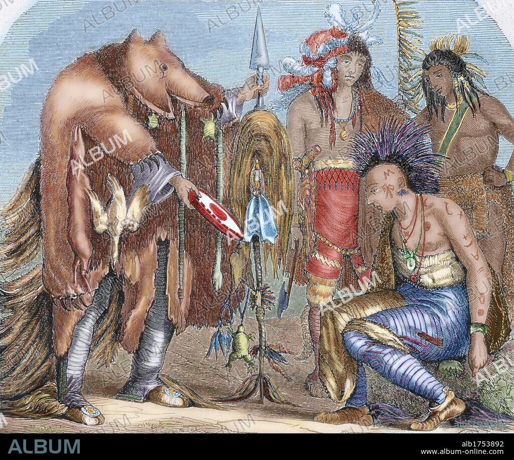 INDIOS DE AMERICA DEL NORTE. Médicos Iroqués y Chippeways, habitantes del Lago Superior y del Arkansas. Grabado del año 1878. Coloreado.