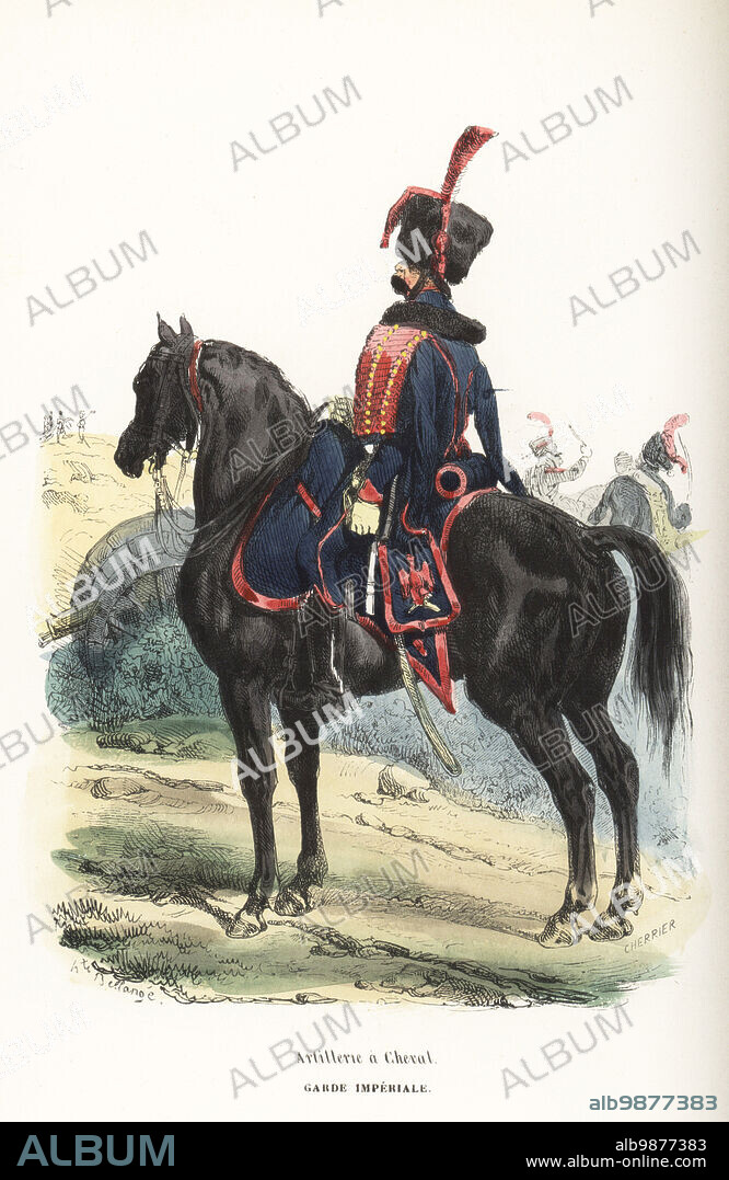 Uniform of the Horse Artillery, French Imperial Guard. In fur Busby, hussar-like blue coat with red frogging, blue breeches and black boots, sabretache with imperial eagle. Armed with sabre. Artillerie a cheval, Garde Imperiale. Handcoloured woodcut by Prosper Adolphe Leon Cherrier after an illustration by Hippolyte Bellangé from P.M. Laurent de lArdeches Histoire de Napoleon, Paris, 1840.