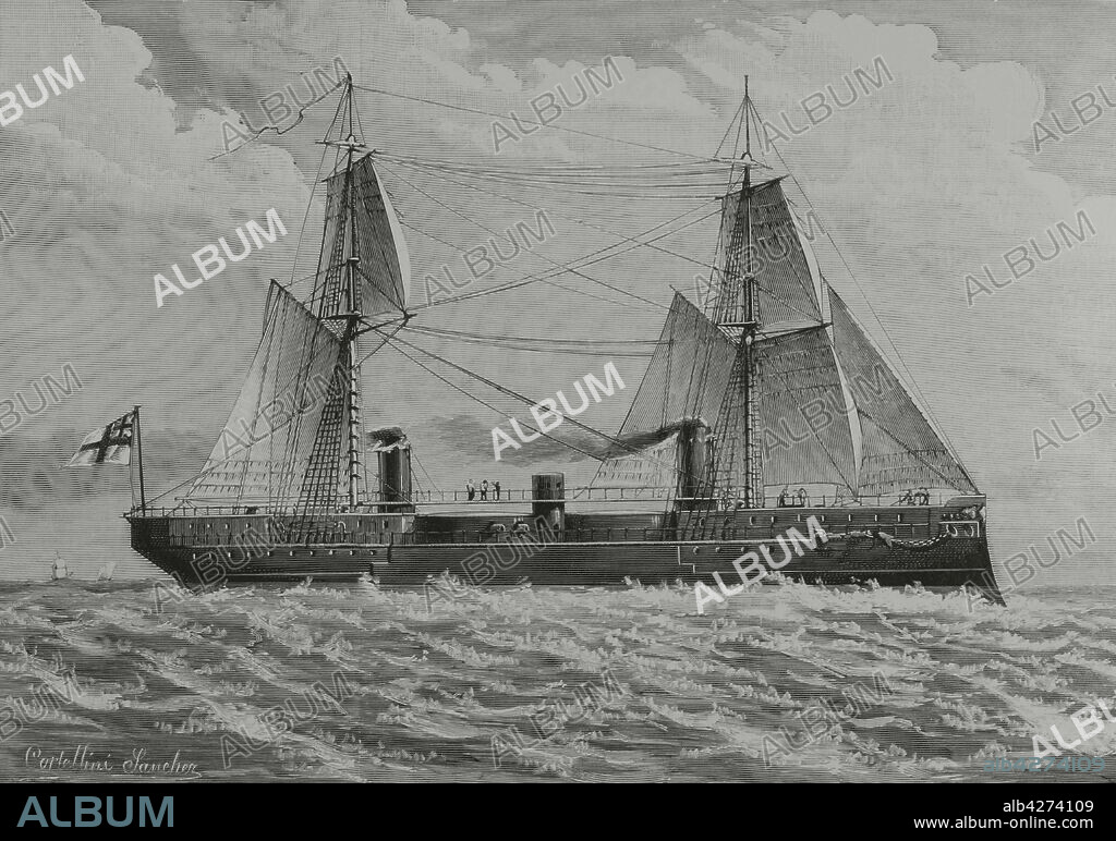 ANGEL CORTELLINI SáNCHEZ (1858-1912). SPANISH PAINTER.. The HMS Ajax. Ironclad warship built for the Royal Navy. Drawing by Cortellini Sánchez. Engraving. La Ilustración Española y Americana, 1882.
