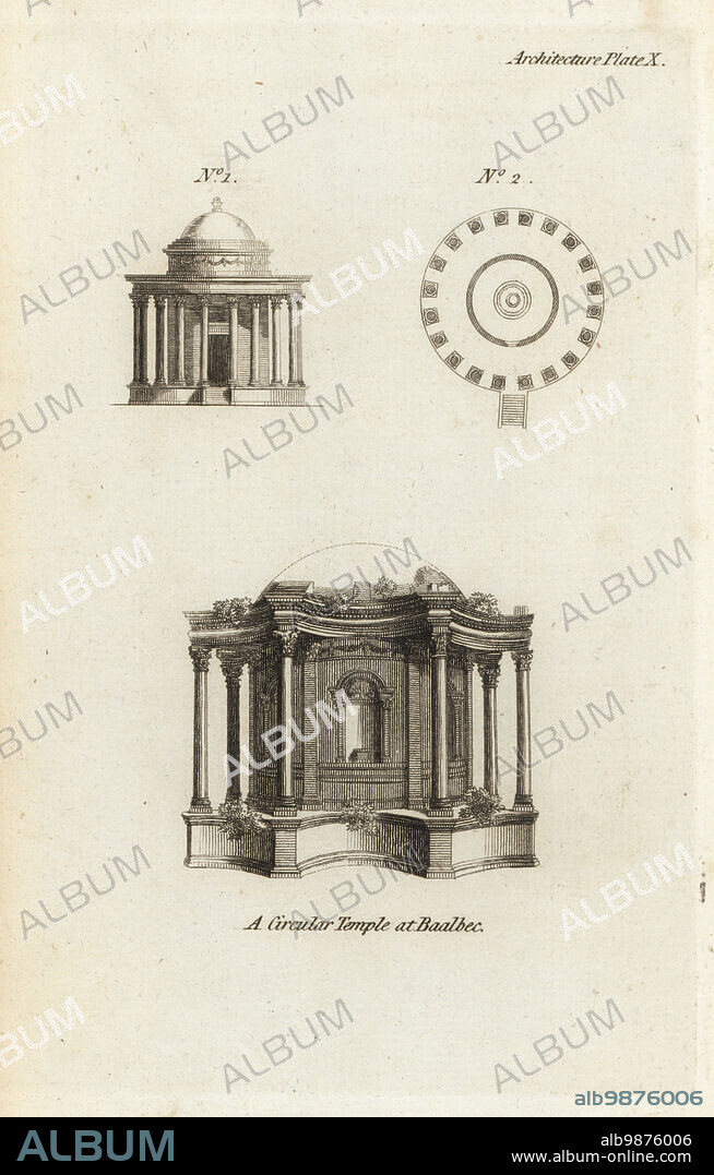 Plan and elevation of a circular Roman temple to Venus at Baalbek or Heliopolis, Lebanon. Elevation 1 and plan 2 of a circular peripteral temple. Copperplate engraving from Francis Fitzgeralds The Artists Repository and Drawing Magazine, Charles Taylor, London, 1785.