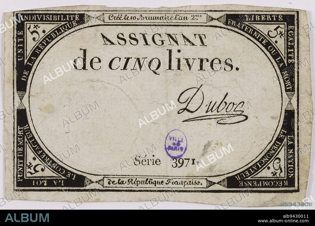 Assignat of 5 books, series 3971, 10 brumaire year 2, Caisse de l'Extraordinaire, Issuing authority, Gatteaux, Nicolas Marie, Engraver, Dubosq, Signatory, Array, Numismatics, Manuscripts, printed matter, binding, Assignat, Paris, Dimensions - Work: Height: 6.5 cm, Width: 9.7 cm.