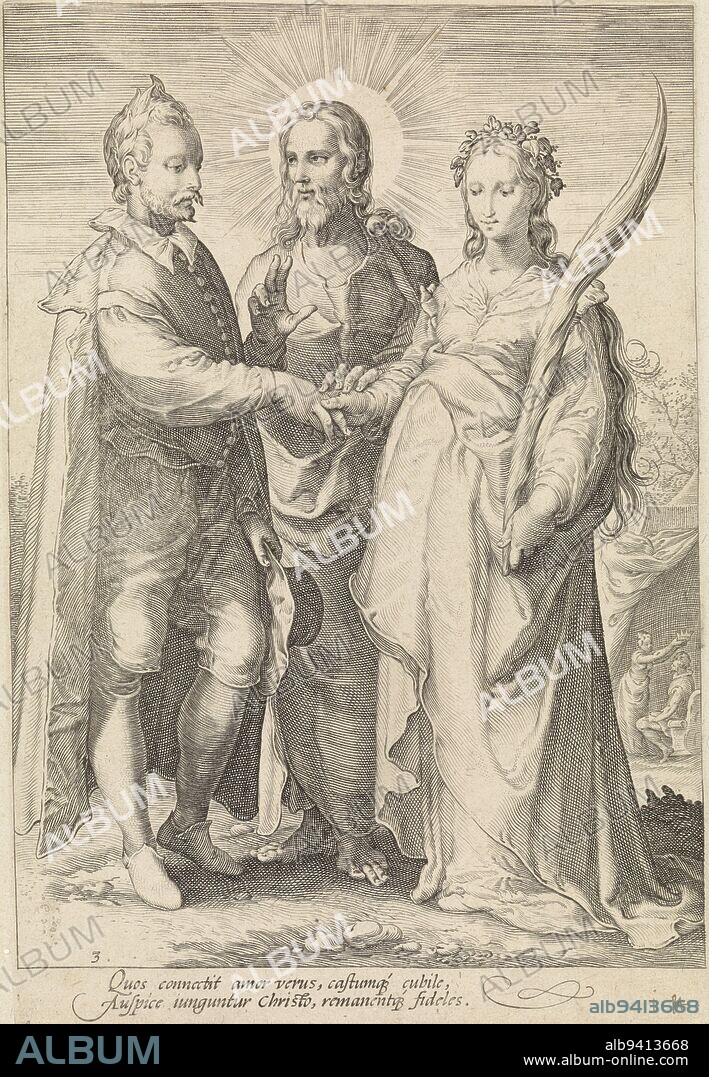 Christ unites a man and woman, who as a couple symbolize spiritual love, in holy matrimony., Marriage out of spiritual love by Christ concluded Different types of marriages (series title), print maker: Jan Saenredam, Hendrick Goltzius, Cornelius Schonaeus, Northern Netherlands, 1575 - 1607, paper, engraving, h 234 mm × w 160 mm.