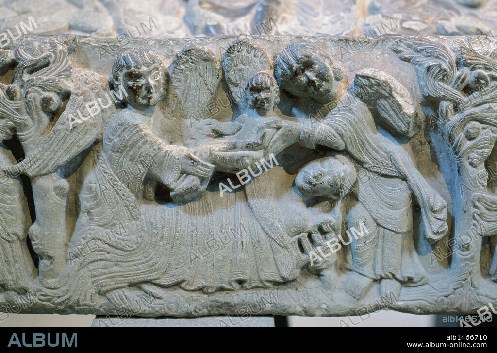 Blanche of Navarre (1137-1156). Queen Consort, wife of Sancho III, king of Castile. Death of the Queen giving birth to her son, the future King Alfonso VIII of Castile. Relief. Sepulcher of Queen Blanche. Romanesque style. 12th century. Monasterio de Santa Mari_a la Real. Najera. La Rioja. Spain.