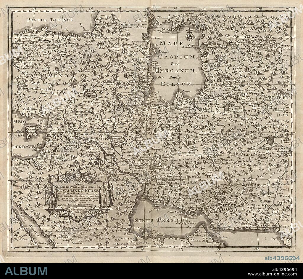 Carte la plus-nouvelle & plus-exacte du Royaume de Perse avec ses Côtes, Villes Maritimes, tous les Pays qui en dependent, & ses Lieux circonvoisins, Map of the 18th century Kingdom of Persia, signed: Corrigée de nouveau et augmentée suivant les Relations les plus recentes des plus fidelles voyageurs., Publiée à LEIDE Chez PIERRE VAN DER AA, Fig. 33, after p. 516, Aa, Pierre vander (chez), 1727, Adam Olearius: Voyages très-curieux et très-renommez faits en Moscovie, Tartarie et Perse: dans lequels on trouve une description curieuse & la situation exacte des pays & etats, par où il a passé [...]. Bd.1. A Amsterdam: chez Michel Charles le Céne, 1727.