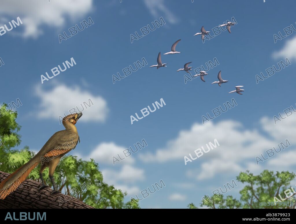 An Archaeopteryx observing a flock of migrating pterosaurs.