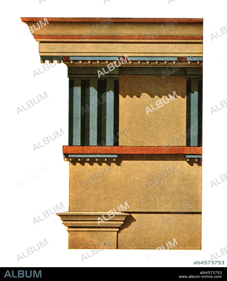 Entablature of the prostylos at Selinunte, Italy, (1928). '2nd Half of 3rd Century B.C...Entablature of the prostylos B. at Selinus [Selinunte, ancient Greek city]...founded 628 B.C. and destroyed by the Carthaginians in 409 B.C. It is possible that the little prostylos B. should be dated after 249 B.C. when Selinus was destroyed by the Carthaginians'. After R. Koldewey and O. Puchstein. Plate XIX, fig 54, from "An Encyclopaedia of Colour Decoration from the Earliest Times to the Middle of the XIXth Century" with explanatory text by Helmuth Bossert. [Ernst Wasmuth Ltd., Berlin, 1928].