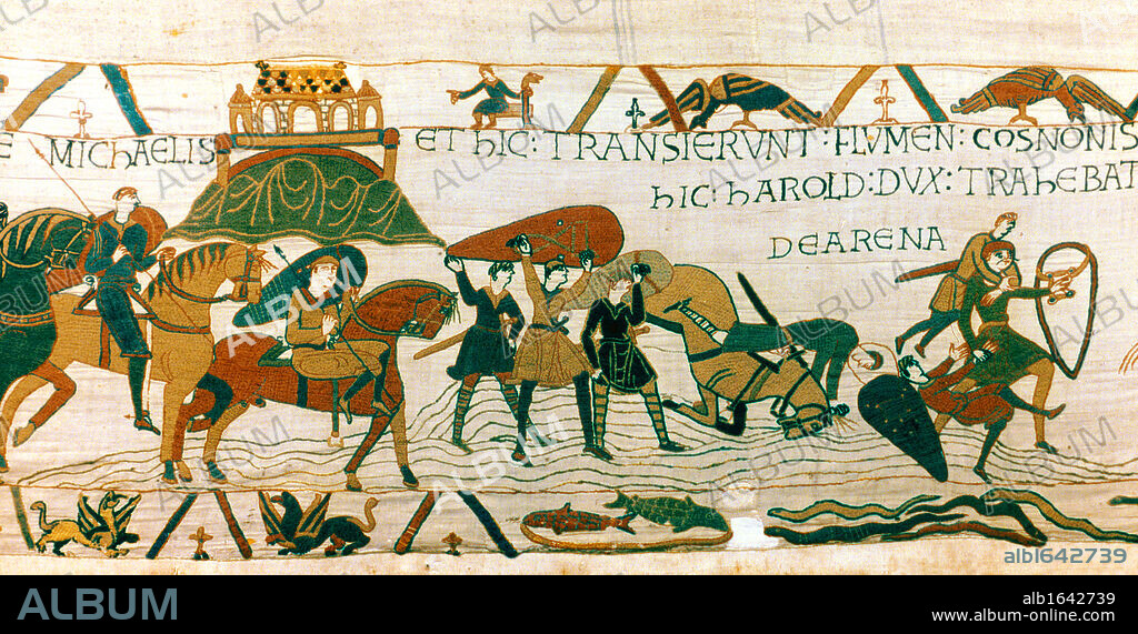 Bayeux Tapestry 1067: Harold Godwinson, Earl of Wessex (later Harold  II of England) rescues William of Normandy's soldiers from quicksands as they cross into Brittany near Mont St Michel, 1064 Soldier Horseman Shield Sword Textile.