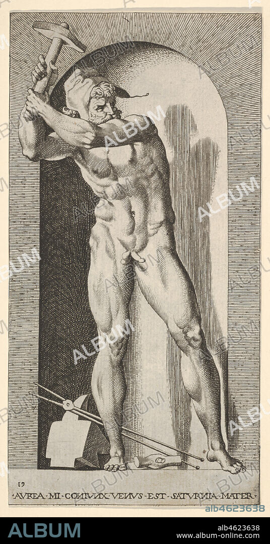 GIOVANNI JACOPO CARAGLIO. Plate 19: Vulcan standing in a niche swinging a hammer, with an anvil, hammer, and tongs at his feet, from a series of mythological gods and goddesses, 1526.