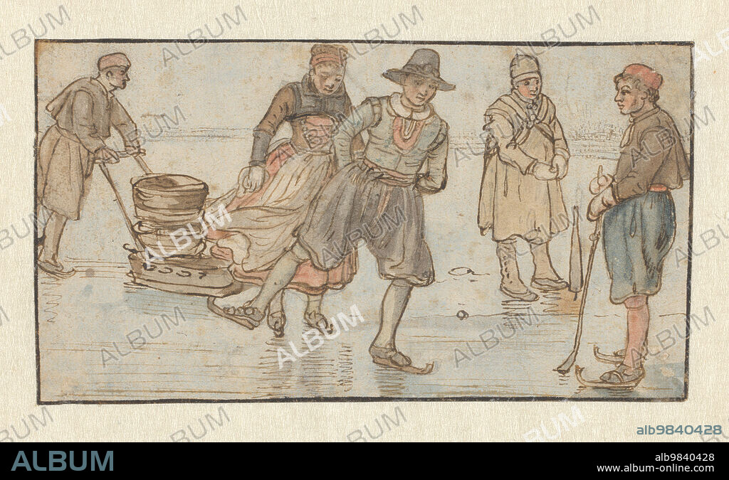 HENDRICK AVERCAMP. Skaters on the Ice, a Man Pushing a Sledge and a Kolf-player / verso: Two Skaters, c.1620-c.1625.