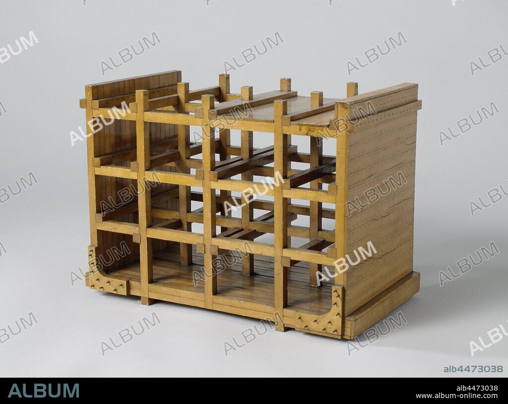Model of the Construction of a Timber Ship, Model of the cross-section of a midship ship, with three decks. One side is planked, as well as half of the upper deck, the other shows only the timber and beams. The hull shape is completely square, the bottom composed of two layers of straight beams supported by two keels, the floor beams protrude beyond the ship's wall, so that an edge is created at the bottom, which is flattened. The sides consist of vertical, wooden, planked on one side. Two knees with ten brass pins are arranged on one side in the crests, but these knees do not occur elsewhere in the construction. The decks are indicated by deck beams and mowers supported by three rows of deck struts projecting above the upper deck, deck beams and struts are inserted into the sides and bottom with half-timber connections, Columbus (ship), anonymous, c. 1824, wood (plant material), brass (alloy), h 24 cm × w 33.5 cm × d 17.8 cm.
