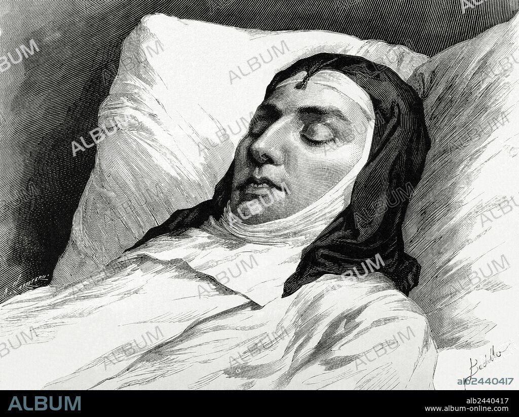 Mercedes de Orleans (1860-1878). Queen of Spain. First wife of King Alfonso XII. Death from Typhoid fever. Deathbed. Engraving by Arturo Carretero. La Ilustracion Espanola y Americana, 1878.