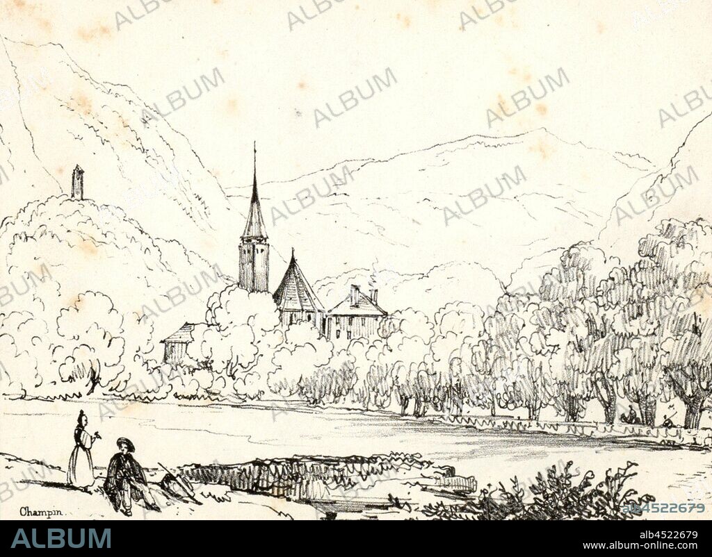 A Interlaken (Canton de Berne), View Interlaken, Fig. 17, p. 57, Champin, Jean Jacques, 1800, [Jean-Jacques] Champin: Album portatif dédié aux amateurs et particulièrement aux voyageurs en Suisse: texte français et anglais. Paris: Lith. de Tierry frère. 18--.