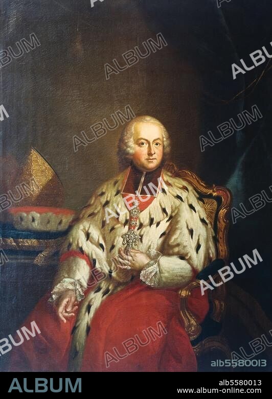 Breidbach-Bürresheim, Emmerich Joseph Freiherr von; Erzbischof und Kurfürst von Mainz; 1707-1774. Porträt. (Mit Fürstenmantel, Bischofskreuz und Konfraternitätsabzeichen des Deutschen Ordens). Gemälde, anonym, 1764 oder später. Öl auf Leinwand, 188 × 146 cm. Mainz, Verwaltung der Staatl. Schlösser.
