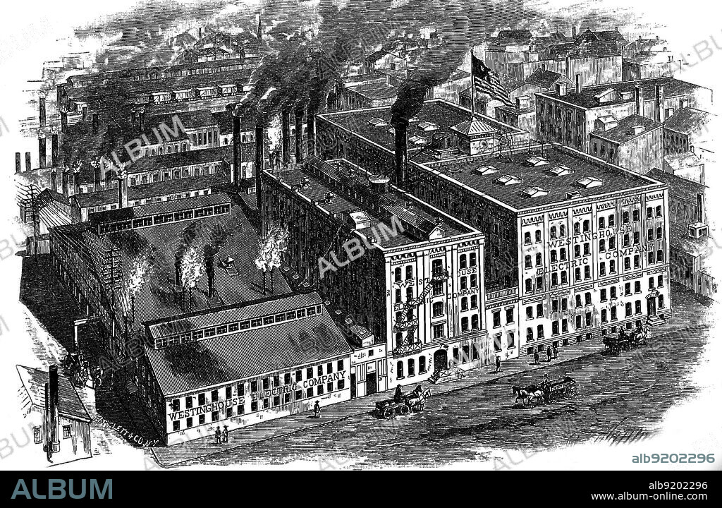 Engraving of Westinghouse Electric Company in Pittsburgh, Pennsylvania USA, 1888. This is from a Westinghouse brochure advertising their Alternating system.