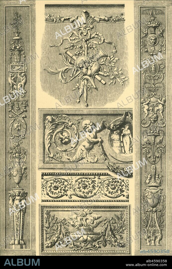 Painted plaster ornament, France, 18th century, (1898). 'Fig 1: Wood carving on a wainscot in the music room of the arsenal library at Paris, style of Louis XV [c1715-1774]. Figs 2 and 3: Carved pilaster from the wainscot of a saloon at Paris, style of Louis XVI [c1774-1792]. Fig 4: Painted frieze from the boudoir of Queen Marie Antoinette in the Castle at Fontainebleau, style of Louis XVI. Fig 5: Panel of a stucco cavetto at a ceiling of a saloon at Paris, style of Louis XVI. Fig 6. Carved wall panel above a saloon door in the Hôtel de Ville at Bordeaux, style of Louis XVI..."Zopfstyle" - this term is sometimes mistaken for Barocque, even Rococo, whilst it signifies merely the style, (certainly rather barren and stiff sometimes), which art chose under Louis XVI, in opposition as it were, to the pompous and confused style under Louis XV, by returning to the antique. Compared with the extravagances of Rococo the quiet, strict forms of the Zopfstyle produce a feeling of satisfaction in the mind of the beholder, unless, as is often the case, repose degenerates into rigidness, and strictness into barrenness'. Plate 84 from "The Historic Styles of Ornament" translated from the German of H. Dolmetsch. [B.T. Batford, London, 1898].