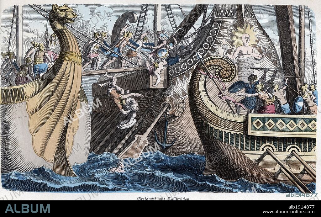 Historia Antigua. Roma. Abordaje en un combate naval. Grabado alemán de 1865.