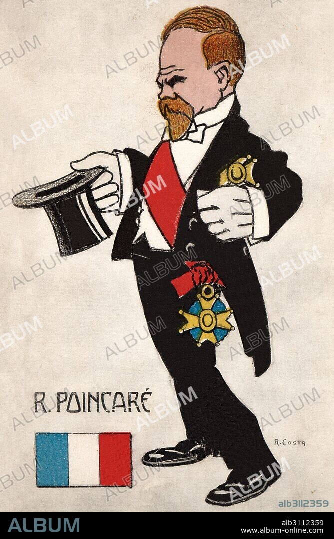 R. COSTA. Raymond Poincaré (1860-1934), presidente de la república francesa. Caricatura. Tarjeta postal, año 1914.