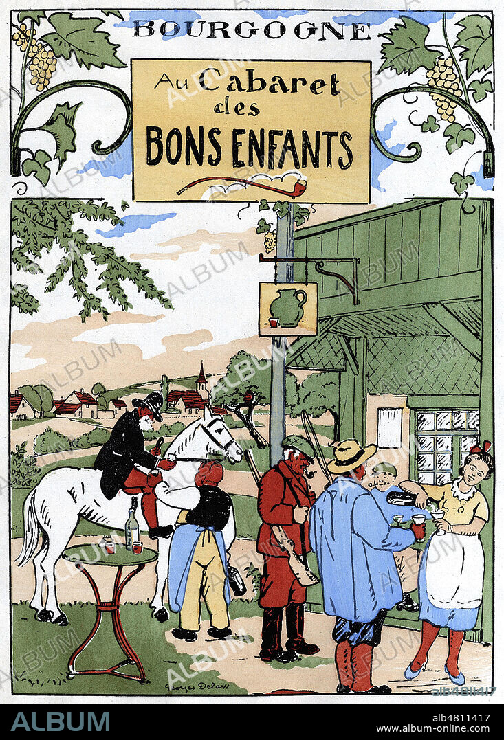 Bourgogne. Au cabaret des Bons Enfants. Illustration de 1931 par Georges DELAW (1871-1938) pour Chansons du beau Jardin de France par R.P. GROFFE et M. ZIMMERMANN. Credit : Collection Jonas/Kharbine-Tapabor.