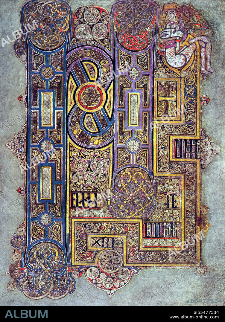 The Book of Kells (Irish: Leabhar Cheanannais) (Dublin, Trinity College Library, MS A. I. (58), sometimes known as the Book of Columba) is an illuminated manuscript Gospel book in Latin, containing the four Gospels of the New Testament together with various prefatory texts and tables. It was created by Celtic monks ca. 800 or slightly earlier. The text of the Gospels is largely drawn from the Vulgate, although it also includes several passages drawn from the earlier versions of the Bible known as the Vetus Latina. It is a masterwork of Western calligraphy and represents the pinnacle of Insular illumination. It is also widely regarded as Ireland's finest national treasure. The illustrations and ornamentation of the Book of Kells surpass that of other Insular Gospel books in extravagance and complexity. The decoration combines traditional Christian iconography with the ornate swirling motifs typical of Insular art. Figures of humans, animals and mythical beasts, together with Celtic knots and interlacing patterns in vibrant colours, enliven the manuscript's pages. Many of these minor decorative elements are imbued with Christian symbolism and so further emphasise the themes of the major illustrations. The manuscript today comprises 340 folios and, since 1953, has been bound in four volumes. The leaves are on high-quality calf vellum, and the unprecedentedly elaborate ornamentation that covers them includes ten full-page illustrations and text pages that are vibrant with decorated initials and interlinear miniatures and mark the furthest extension of the anti-classical and energetic qualities of Insular art. The Insular majuscule script of the text itself appears to be the work of at least three different scribes. The lettering is in iron gall ink, and the colours used were derived from a wide range of substances, many of which were imports from distant lands. The manuscript takes its name from the Abbey of Kells that was its home for centuries. Today, it is on permanent display at the Trinity College Library, Dublin.