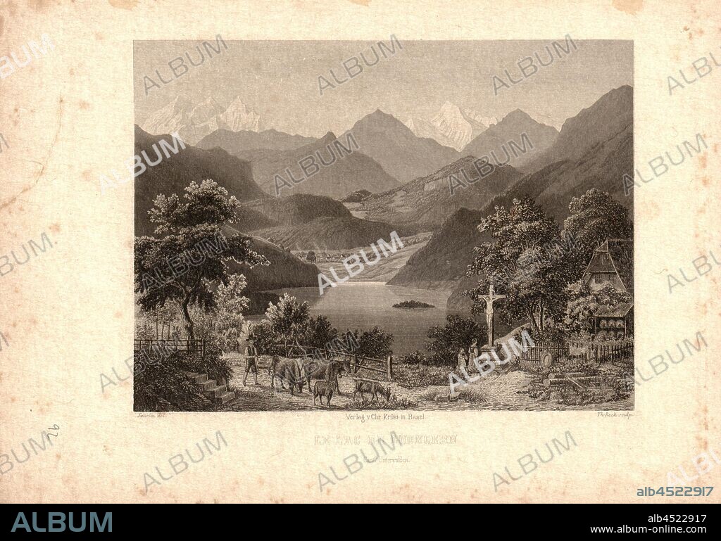 Lake Lungern, Lungernsee, signed: Suterlin (del.), Th. Beck (sc.), Taf. 32, p. 224, Süterlin, Johann (del.), Beck Theophil (sc.), 1865, Ed. Osenbrüggen, C. Huber: Die Urschweiz: classischer Boden der Tellssage verherrlicht durch Schillers Freiheitssang. 3. verb. Aufl. Basel: Druck und Verlag von Crh. Krüsi. [18--].