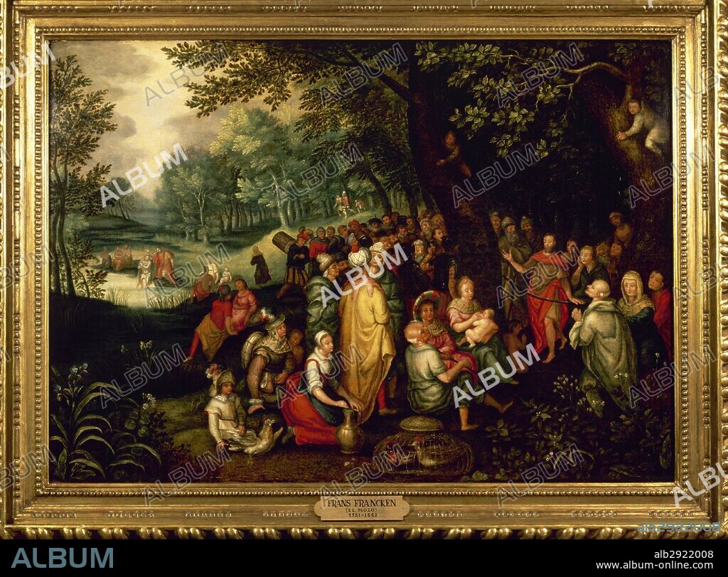 FRANS FRANCKEN "El Mozo" (Amberes,1581-Amberes,1642), "FRANS II". Pintor flamenco. "ESCENAS DE LA VIDA DE JUAN EL BAUTISTA" (el bautismo de Jesús y predicando al pueblo que Cristo es el Mesías). Pintura sobre tabla. Escuela flamenca de finales del siglo XVI e inicios del XVII.